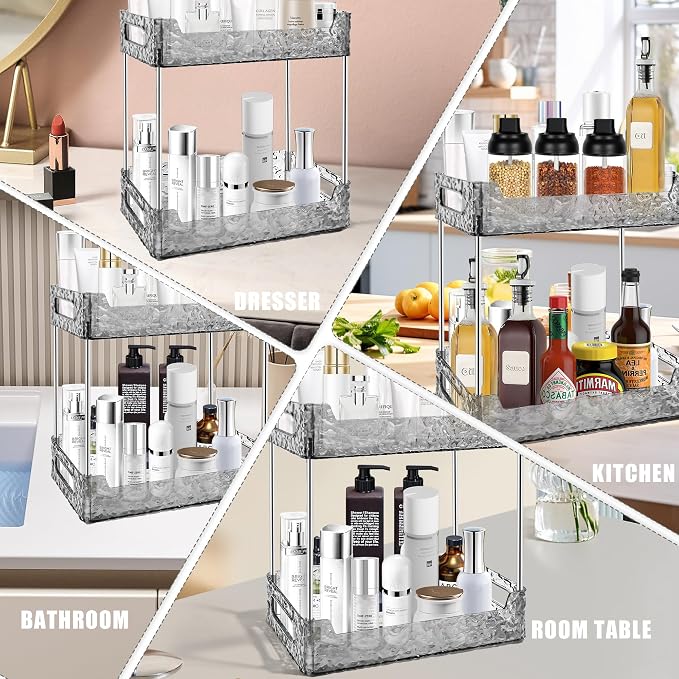 2-Tier Bathroom Counter Organizer Countertop Storage, Dresser Organizer Vanity Tray for Makeup, Perfume Organizer Cosmetics Skincare Shelf - Grey