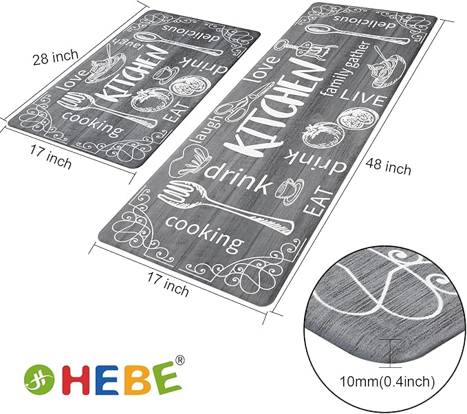 HEBE Kitchen Rugs Set of 2, Cushioned Anti Fatigue Kitchen Mats for Floor, Non Slip Waterproof Comfort Standing Desk Mat Carpet for Sink, Stove, Laundry Room, Gray