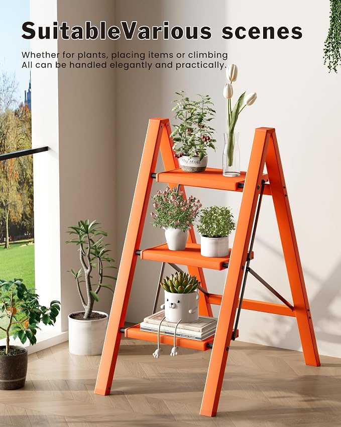 3 Step Ladder, Aluminum Lightweight Folding 3 Step Stool with Anti-Slip Wide Pedal, 330lbs Capacity Ladder for Household,Library,Office(Hermes Orange)