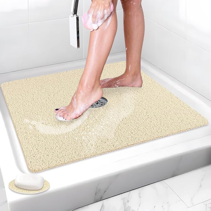 Shower Mat Non Slip: 21 x 21 Inch Square Shower Mats with Drain Hole in Middle - Soft Loofah Quick Drying Matt for Shower Stall