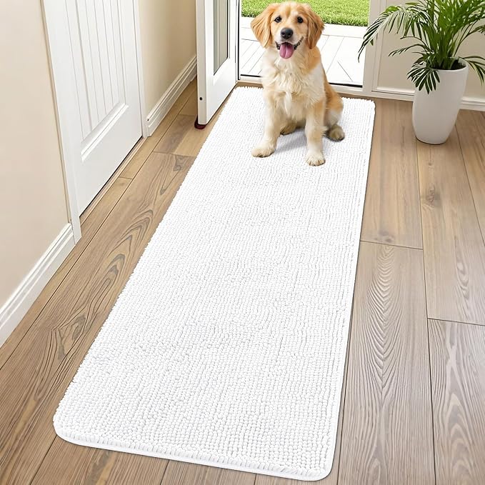 Smiry Dog Door Mat for Muddy Paws 70x24, Absorbent Dirt Trapper, Non-Slip Washable Chenille Entryway Rug for Inside Floor, White, Classic Solid