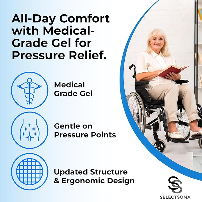 SelectSoma Travel Gel Seat Cushion for Long Sitting - Travel Pad for Car, Truck, Office Chair, Wheelchair - Cooling Gel Cushion for Sciatica, Tailbone, Back Pain, and Pressure Relief
