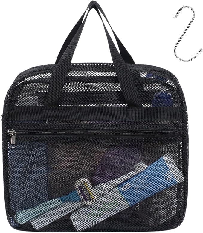 F-color Mesh Shower Caddy Portable with Zipper -Dorm Room Essentials for Guys Girls with S Hook, Shower Bag Basket Tote for College Camping Toiletry Bathroom, Black