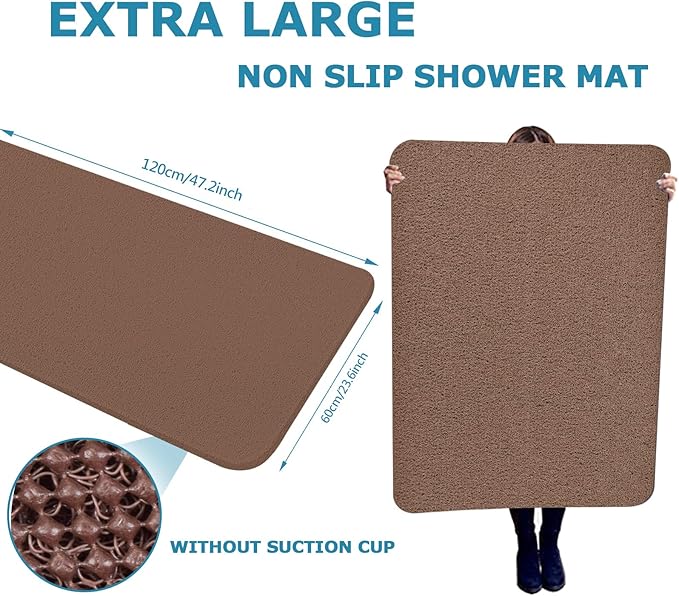 godehone Shower Mats Non Slip Without Suction Cups, PVC Loofah Bathroom Mats, Loofah Mats for Shower and Bathroom, Quick Drying, 23.6× 47.2 Inch, Brown
