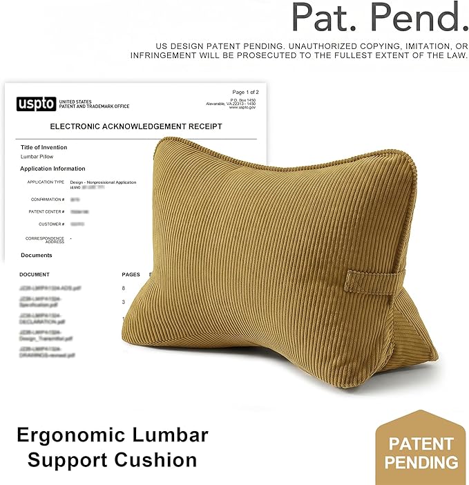Pat. Pend. Corduroy Lumbar Support Back Pillow for Reading & Lounging, Ergonomic Triangle Cushion for Sofa, Armchair & Bed Sitting, Removable Washable Cover, Mustard Yellow