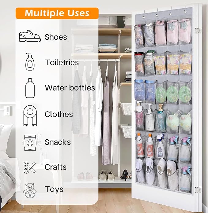 MISSLO 35 Large Pockets Over The Door Shoe Organizer Sturdy Oxford Fabric Hanging Shoe Rack for Door Mesh Closet Shoe Holder Hanger, Grey