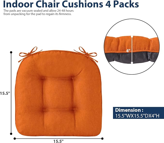 IASEAHK Chair Cushions for Dining Chairs, Seat Cushions for Kitchen Chairs, Indoor Seat Cushions with Ties, Tufted Foam Chair Pads, Non Slip Chair Cushions Set of 4, 15.5" x 15.5" x 4", Orange
