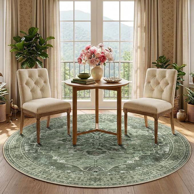 RELEANY Area Rugs Round 5ft Washable Non-Slip, Floral Vintage Distress Medallion Carpet for Living Room Bedroom Dining Room, Dark Green Gray