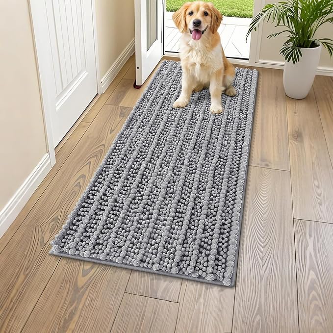 Smiry Dog Door Mat for Muddy Paws 47x24, Absorbent Dirt Trapper, Non-Slip Washable Chenille Entryway Rug for Inside Floor, Grey, Layered Pattern