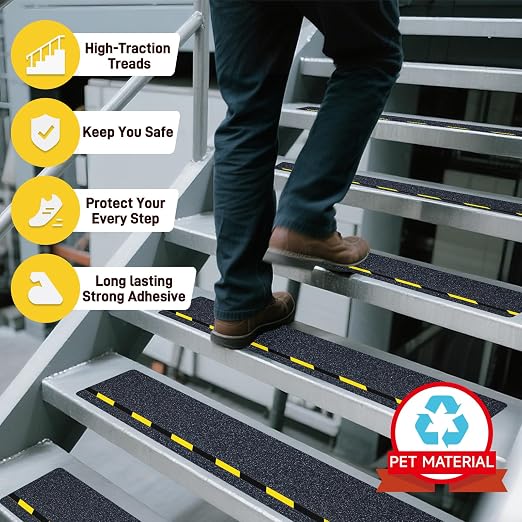 LifeGrip Anti Slip Stair Treads with Reflective Stripe (10-Pack), 6" X 28", Ourdoor Grip Tape Non Slip, Waterproof Safety Non Skid Tape, High Traction Friction Abrasive Adhesive for Step, Black/Yellow