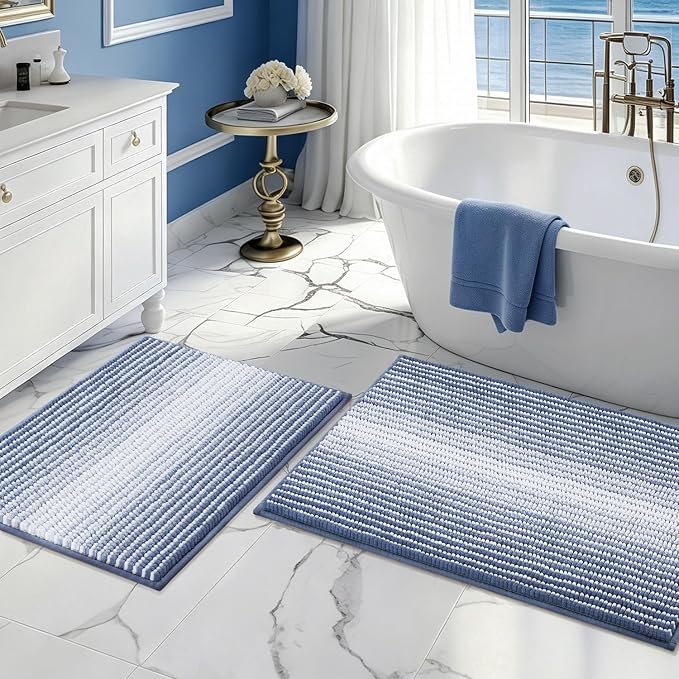 BSICPRO Bathroom Rugs and Mats Sets, 2 Piece Thick Absorbent Chenille Bath Mat Rug Set Non Slip, Soft Shaggy Bath Room Floor Mats for Bathroom, Machine Washable (20" x 32" Plus 16" x 24",Denim Blue)