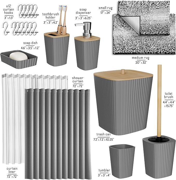 Clara Clark Bathroom Accessories Set - Bathroom Set, Bathroom Sets with Shower Curtain and Rugs, Shower Curtain Set with Bathroom Trash Can - Ombre Grey - 22PC