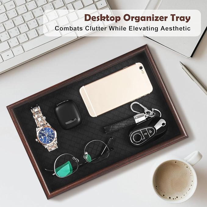 Wooden Valet Tray with Leather Base - Nightstand Catchall Organizer for Cologne, Perfume, Keys, Wallet, Phone, Watch, Jewelry & Sunglasses (2Pcs Black)