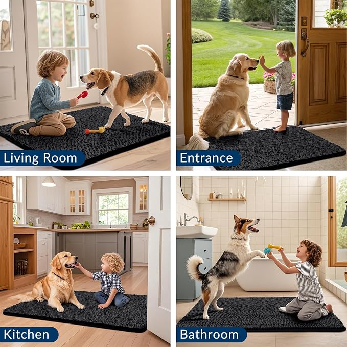 Smiry Dog Door Mat for Muddy Paws 70x24, Absorbent Dirt Trapper, Non-Slip Washable Chenille Entryway Rug for Inside Floor, Black, Classic Solid