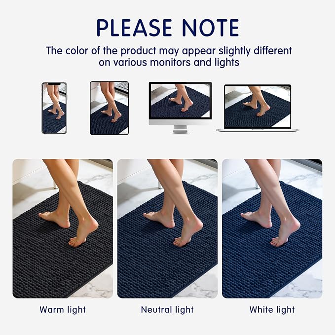 subrtex Bath Mat, Chenille Bath Rug, Soft Short Plush Bath Mat, Water Absorbent Shower Mat, Quick Dry, Machine Washable, Navy, 24' x 60'