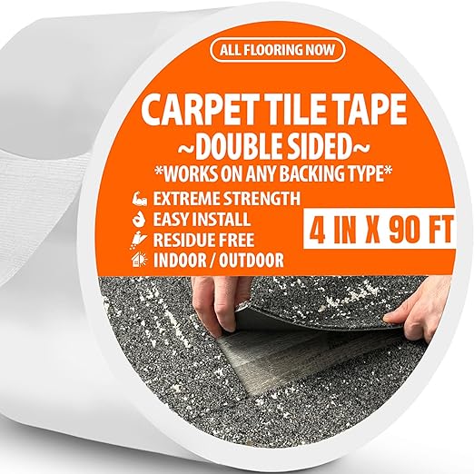 Carpet Tile Tape Wide Double Sided 4in x 90ft - Heavy Duty Reinforced Web Mesh & Residue Free - Indoor Outdoor for Carpet Tiles, Hardwood, Vinyl, Rugs, Carpet, Rubber & Mat Gripper
