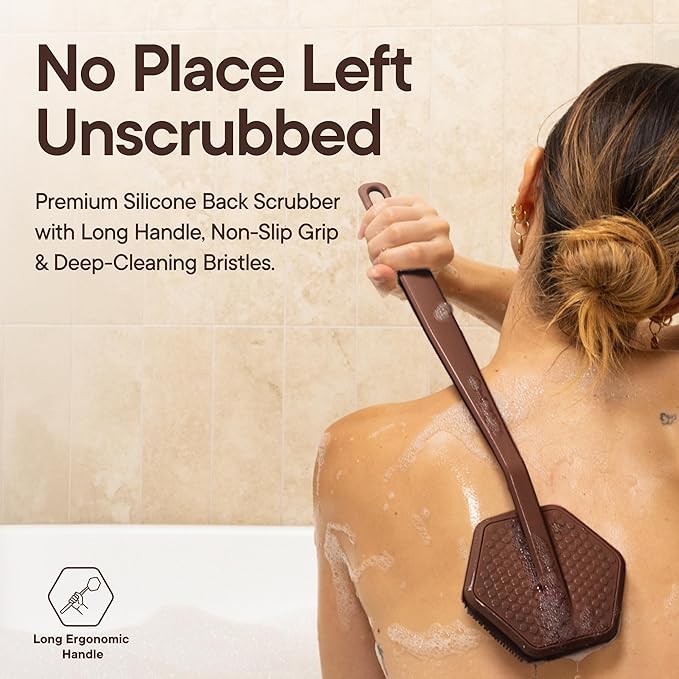 TOOLETRIES Silicone Back Scrubber for Shower, Exfoliating Body & Bath Brush, Long Ergonomic Handle, Non-Slip Grip for Hard-to-Reach Areas, Hygienic Silicone Bath Accessory for Men & Women - Chocolate