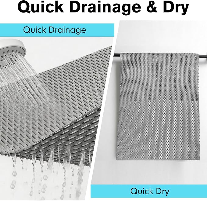 Extra Large Non-Slip Shower Mat, 58.26" x 31.49" Bathroom Shower Mat, Fast-Dry Drainage Hole PVC Bath Tub Mat, Anti Slip Bathroom Safety Accessory for Elderly/Kids, Gray