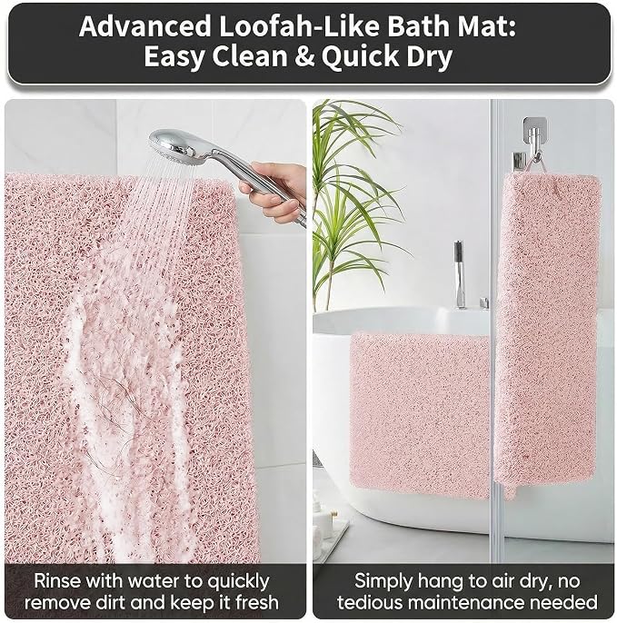 Shower Mat Non Slip, 16 x 24 Inch, Pink Shower Mats for Inside Shower, Soft PVC Loofah Bath Mats for Tub, Quick Drying Easy Cleaning Bathroom Stall Floor Mat Without Suction Cup