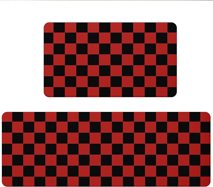 Black Red Christmas Checkered Grid Checkerboard Kitchen Rug Sets [2 PCs], Anti-Fatigue, Waterproof Non-Slip Kitchen Mats Heavy Duty Comfort Foam Rug for Kitchen, Floor, Laundry,17"x29"+17"x47"