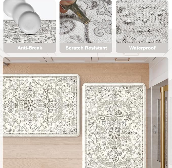 KIMODE Anti Fatigue Kitchen Mats for Floor 2 Piece, Cushioned Boho Distressed Kitchen Rugs, Memory Foam Kitchen Floor Mats, Summer Standing Desk Mats for Laundry Office Sink Grey 20"x59"+20"x32"