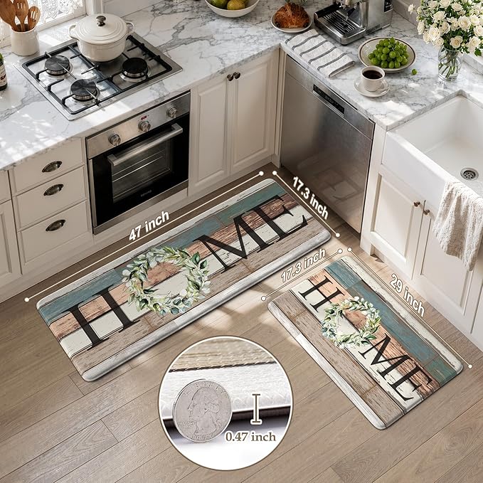 KIMODE Kitchen Mats 2PCS,Cushioned Anti Fatigue Farmhouse Kitchen Rugs and Mats,Non Skid Waterproof Kitchen Mats for Floor,Comfort Foam Standing Desk Mat for Home,Office,Sink,Laundry