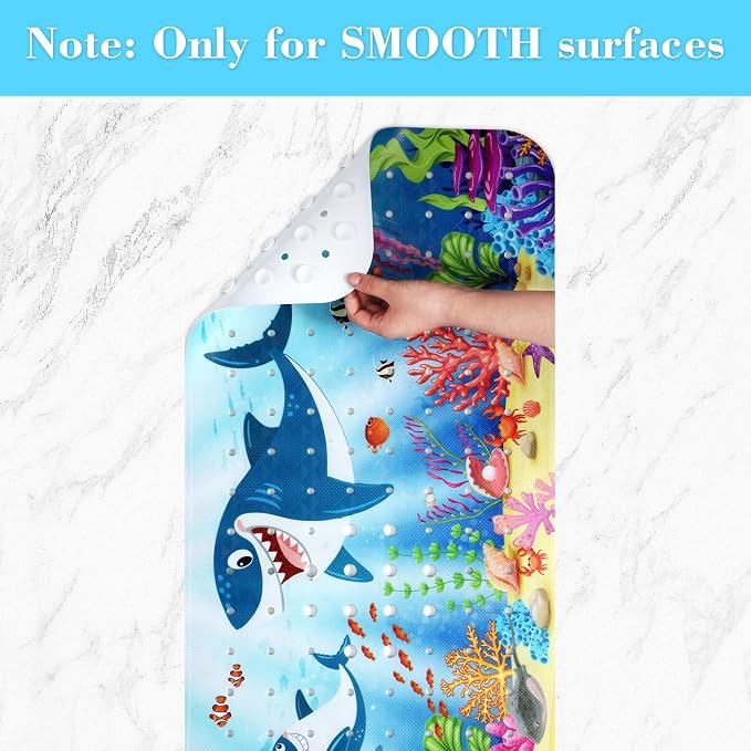 Secopad Bath Mat for Tub Non Slip, Machine Washable Anti-Slip Cartoon Baby Bathtub Shower Mat with Drain Holes and Suction Cups for Toddler & Kids, 40in x 16in, Sharks