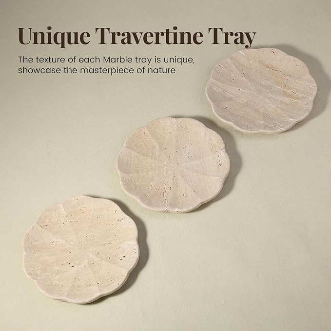 Koville Travertine Tray, 8" Round Marble Vanity Tray for Jewelry Trinket Perfume, Natural Stone Tray for Bathroom Kitchen Dresser Countertop, Scalloped Decorative Tray for Home Table Decor(Beige)