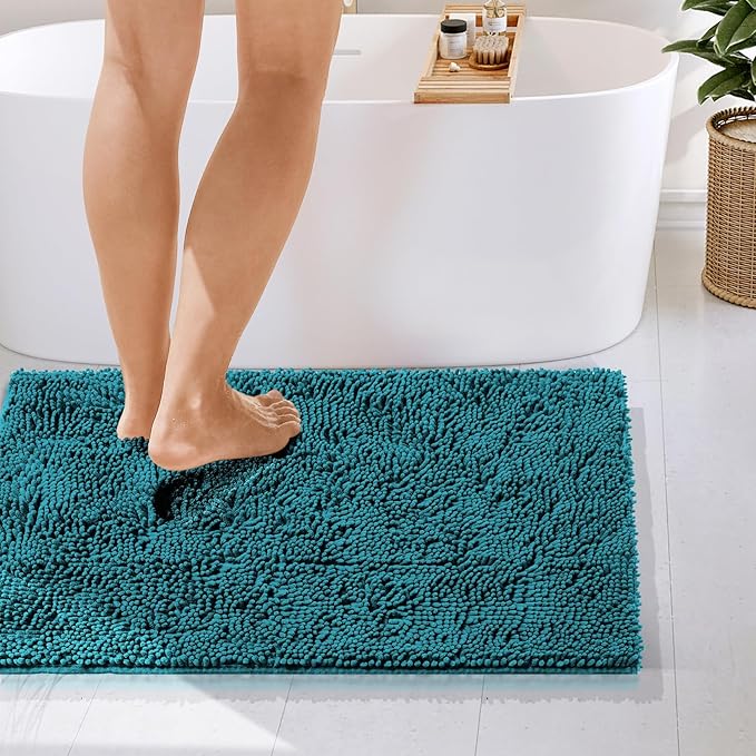 Hearth & Harbor Bathroom Rugs, Chenille Bath Mat - Machine Washable Bath Mats for Bathroom Non-Slip Backing Rubber, Quick Dry Bathroom Mat - Teal 24x36