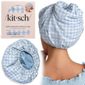 Kitsch Luxury Satin-Lined Flexi Shower Caps for Women Reusable Waterproof - Large Wide Shower Cap for Women & Men, Adjustable, Stylish Hair Cap for Showers, For Long & Short Hair - Gingham Blue