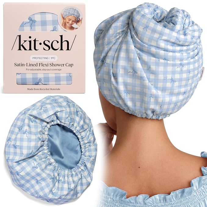 Kitsch Luxury Satin-Lined Flexi Shower Caps for Women Reusable Waterproof - Large Wide Shower Cap for Women & Men, Adjustable, Stylish Hair Cap for Showers, For Long & Short Hair - Gingham Blue