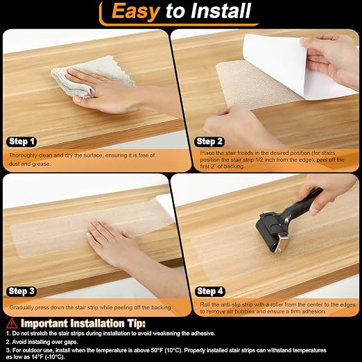 SMILOOL Clear Non Slip Stair Treads for Wooden Steps Indoor 5 Pack 4" x 40" Pre-Cut Anti Slip Stair Strips for Wood Stairs, Grip Tape Transparent Step Tread Grips for Dogs Kids and Pets, Waterproof