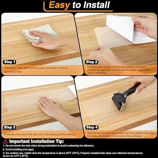 SMILOOL Clear Non Slip Stair Treads for Wooden Steps Indoor 15 Pack 4" x 28" Pre-Cut Anti Slip Stair Strips for Wood Stairs, Grip Tape Transparent Step Tread Grips for Dogs Kids and Pets, Waterproof