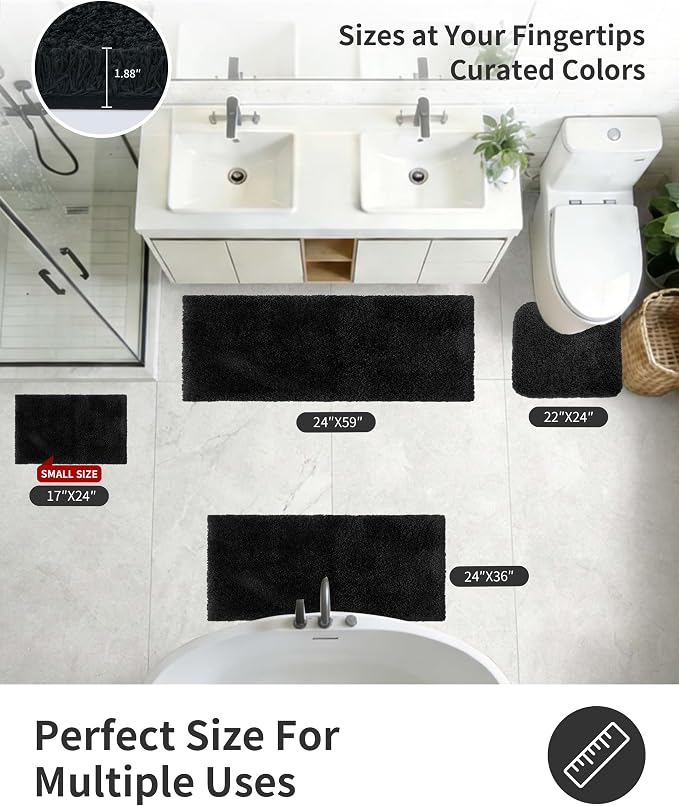 ILANGO Black Bathroom Rugs 48" × 24" Non Slip & Super Absorbent Extra Thick Soft, Washable Bath Mat for Floor, Microfiber Plush Shaggy Bath Rug with Rubber for Bathtub Shower Room Sink