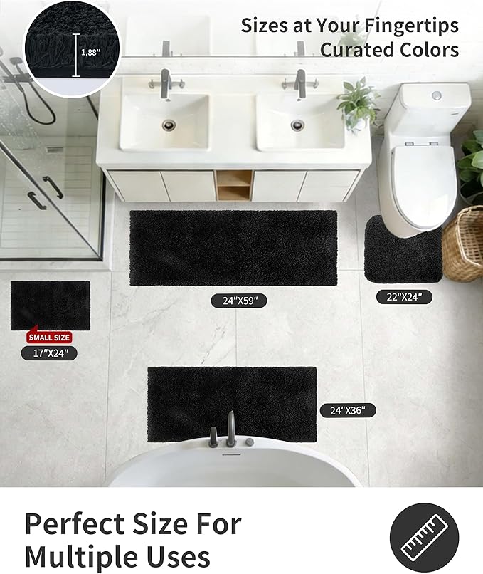 ILANGO Black Bathroom Rugs 36" × 24" Non Slip & Super Absorbent Extra Thick Soft, Washable Bath Mat for Floor, Microfiber Plush Shaggy Bath Rug with Rubber for Bathtub Shower Room Sink