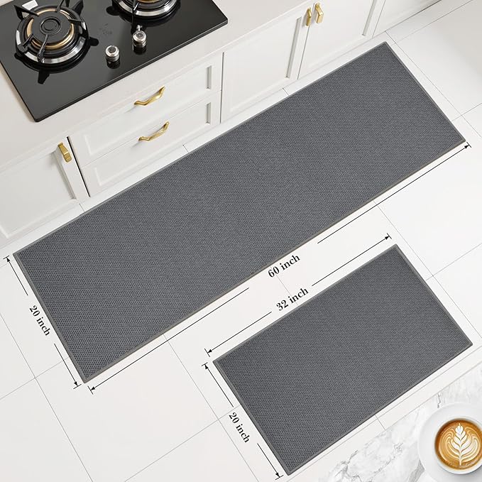 Kitchen Rugs and Mats, Non Slip Washable Set of 2 PCS, Absorbent Kitchen Mats for Floor, Kitchen Runner Rug, Rubber Backing, for Kitchen Decor, Front of Sink (Grey, 20’’*32’’+20’’*72’’)