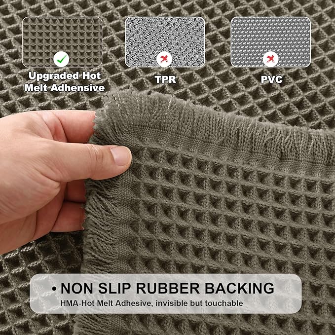 JIUZHEN Set of 2 Waffle Bath Mats Super Absorbent Boho Bath Rugs Non Slip Washable Bathroom Rugs Ultra Soft Machine Washable Shower Mats for Bathroom Floor, Tub, 16" x 24" +24" x 36", Olive Green