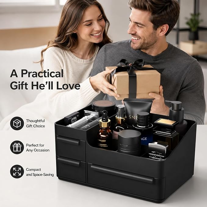 Mens Countertop Organizer for Cologne: Vanity Organizer With Drawers, Bathroom Counter Organizer for Razor, Shaving Lotion, Skincare, Deodorant, Fathers Day Gift for Dad