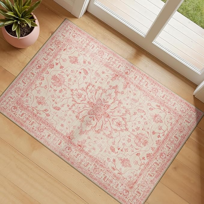 RELEANY Area Rugs Small 2'x3' Washable Non-Slip, Floral Vintage Distress Medallion Carpet for Kitchen Entryway Bathroom, Pink Light Vintage Pink