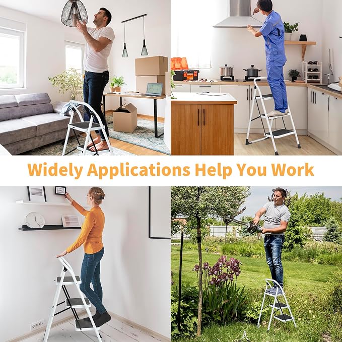 Winado 3 Step Ladder, Folding Step Stool with Wide Anti-Slip Pedal, Lightweight Convenient Handgrip Sturdy Steel Ladder, Portable Steel Step Stool 330 LB Capacity