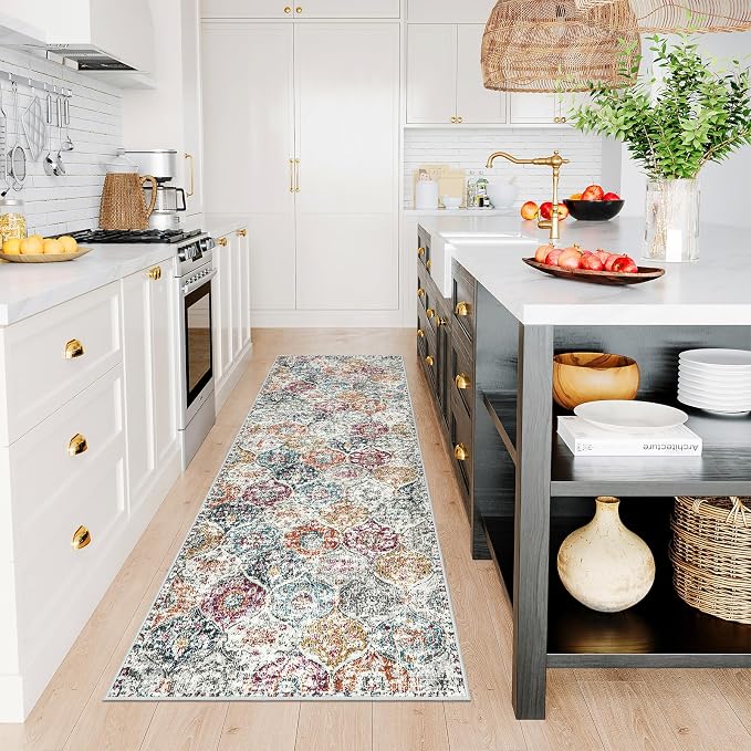 Lahome Moroccan Trellis Hallway Runner Rug, 2x6 Kitchen Runner Rugs Non Skid Washable, Vintage Laundry Room Rug Ultra-Thin Long Carpet for Bathroom Bedroom Entryway Elise, Aqua/Multi