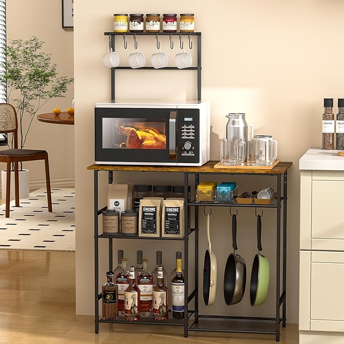 3IngSeagulls Baker's Rack for Kitchen with Storage, Microwave Stand with Adjustable Shelves and 10 S Hooks, 6-Tier Coffee Bar Station, Kitchen Shelves for Spices, Pots, Rustic Brown