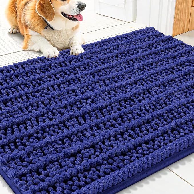 Smiry Dog Door Mat for Muddy Paws 30x20, Absorbent Dirt Trapper, Non-Slip Washable Chenille Entryway Rug for Inside Floor, Navy Blue, Layered Pattern