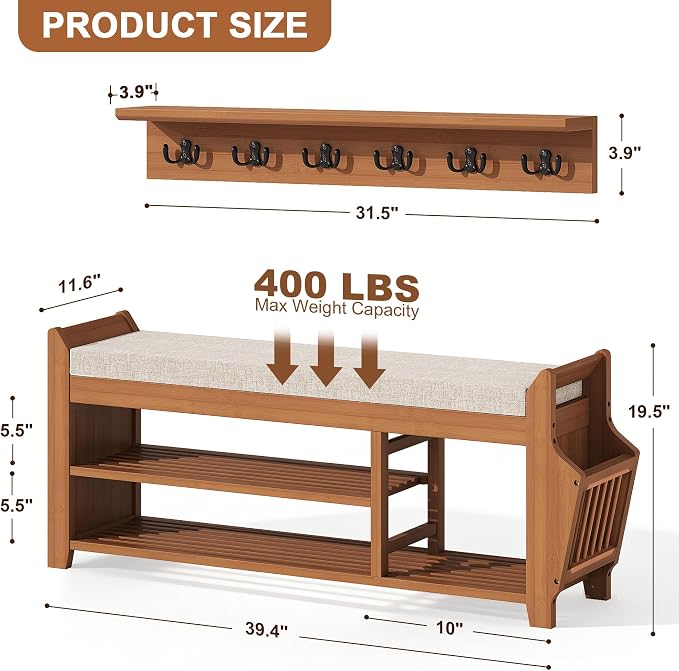 PETKABOO 39.4" Shoe Bench with Coat Rack Hidden Drawer and Side Holder, 2 Tier Entryway Bench with Storage, Bamboo Shoe Rack with Cushion for Entryway Hallway Living Room Bedroom