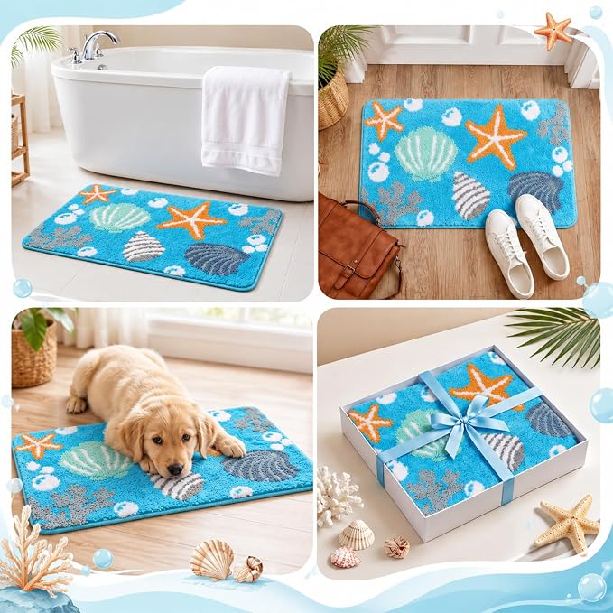 Capoda 1 Pcs Coastal Beach Bathroom Rug 20 x 30 Inch Starfish Seashells Coral Bath Mat Non-Slip Soft Plush Microfiber Ocean Themed Shower Rug for Bathroom Bedroom Entryway Decor(Coastal, Light Blue)