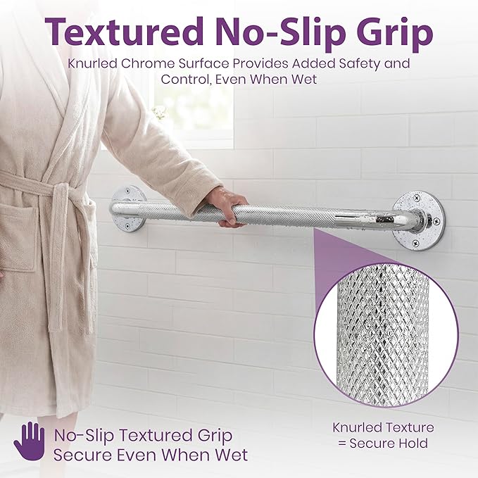 24 Inch Grab Bars for Bathtubs and Showers - Chrome Knurled Bathroom Safety Rail Handle - Non Slip Textured Grip Handicap Grab Bar for Seniors, 250 lbs Weight Support Capacity