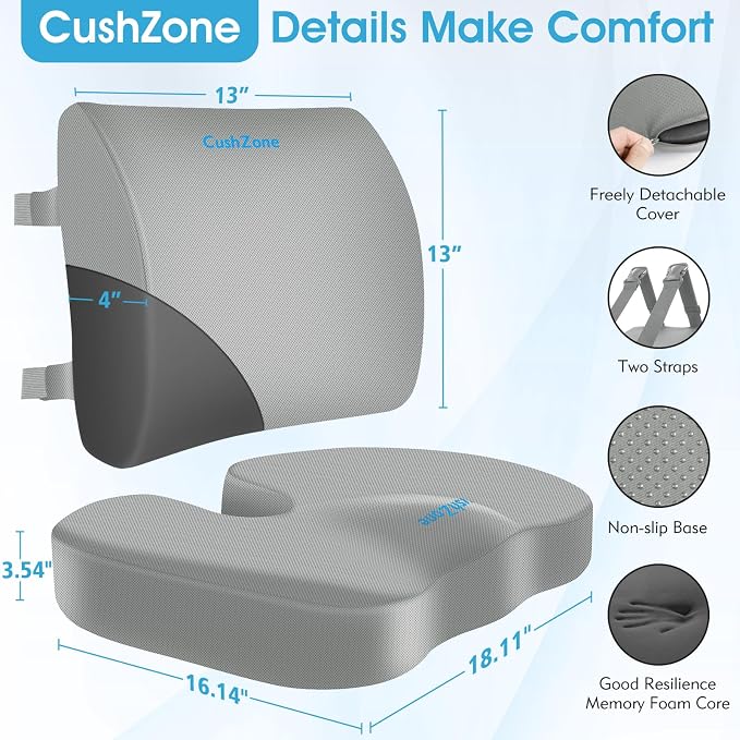 CushZone Seat Cushion, Lumbar Support Pillow with Adjustable Strap-Chair Cushions for Sciatica Pain Relief-with Washable Cover Memory Foam for Car, Travel and Wheelchair, Light Grey X-Large