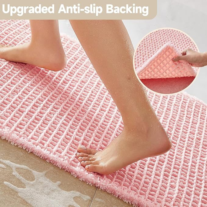 TYUU Light Peachy Pink Long Bathroom Rugs, Waffle Runner Rug Bathroom Non Slip Washable Quick Dry Cute Bath Mat Boho Farmhouse Bath Mat, 72"x24" Light Peachy Pink