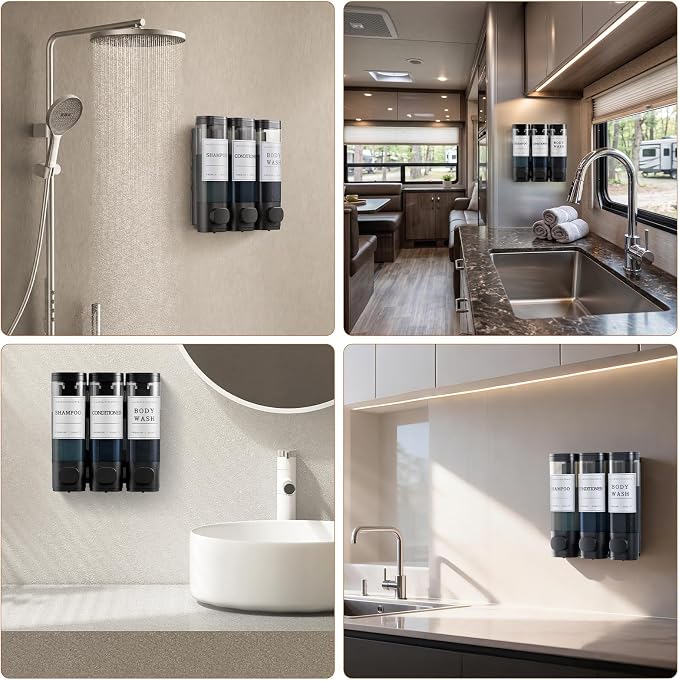 Shampoo and Conditioner Dispenser,Shower Soap Dispenser 3 Chamber No Drill Wall-Mounted Shampoo Dispenser for Shower Wall Mounted Shower Dispenser for Bathroom Hotel Large Capacity,Matte Black