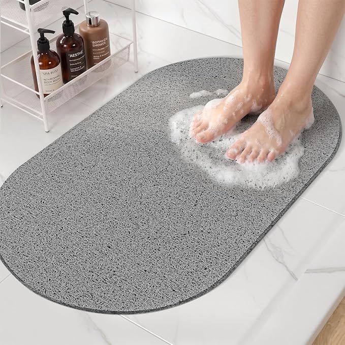 HITSLAM Oval Loofah Shower Mat Non Slip, 27x16 Inch Bath Mat for Textured Tub & Inside Shower Stall, No Suction Cups Quick Drying PVC Porous Floor Mat, Soft Foot Exfoliating Bathtub Mat, Grey